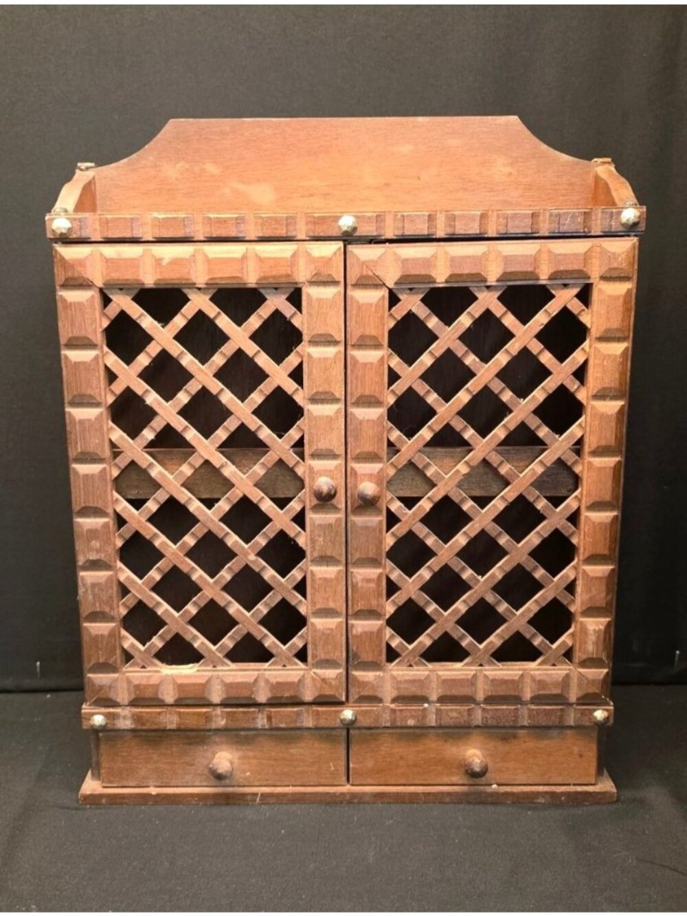 Vintage Wooden Wall Mount Spice Rack Lattice Doors Mini Drawers Retro Kitchen